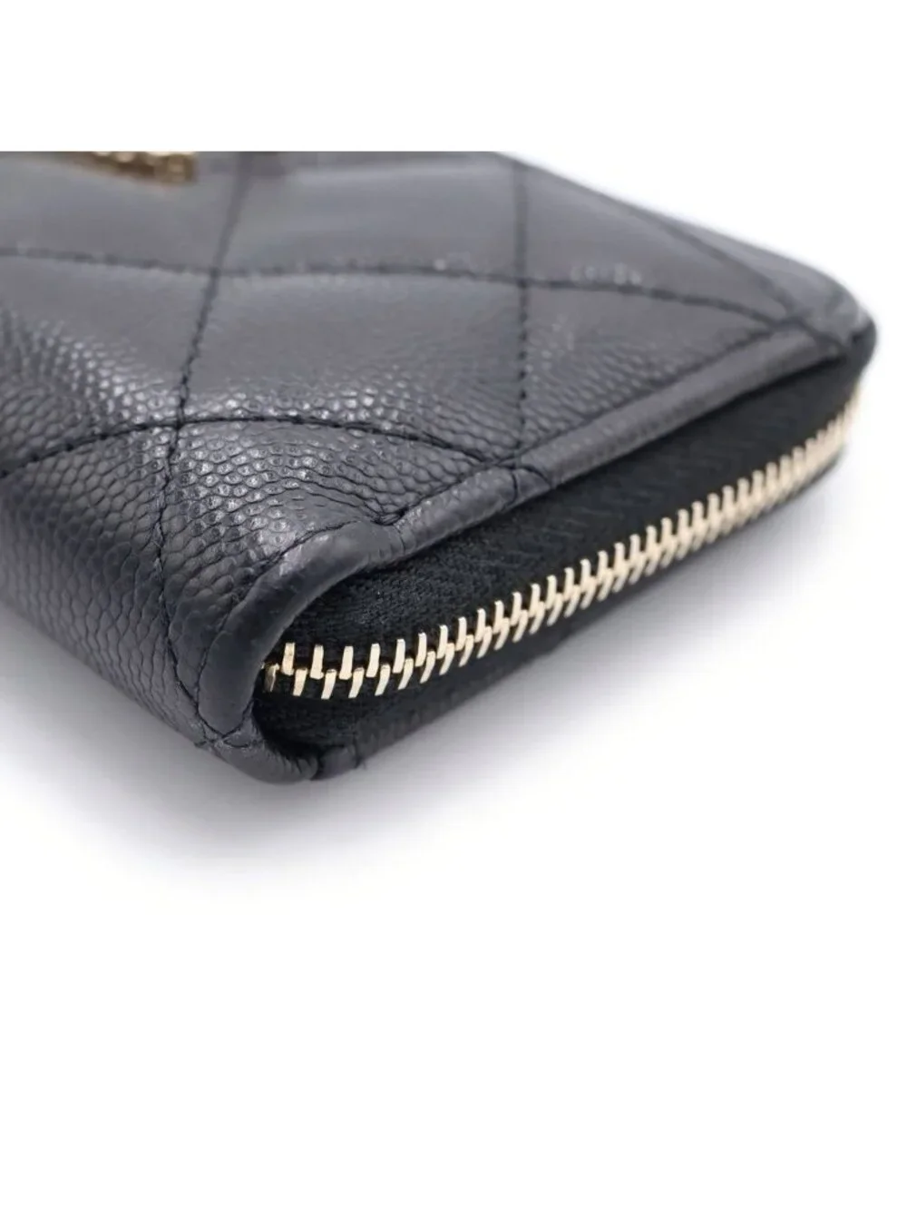 Chanel Quilted CC Logo Card Case Fragment Caviar Leather Black Gold